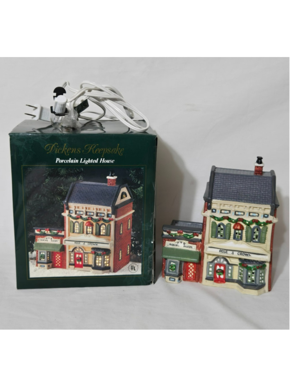 Vintage Dickens Keepsake Rose & Crown Pub Porcelain Lighted House 1993 Boxed